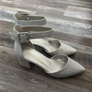 Silver Sparkle Block Heel Ankle-Strap Pumps Size 5.5